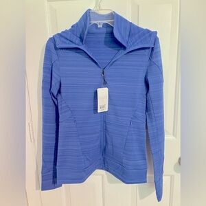 Women’s dark blue hoodie, jacket, and size Med.